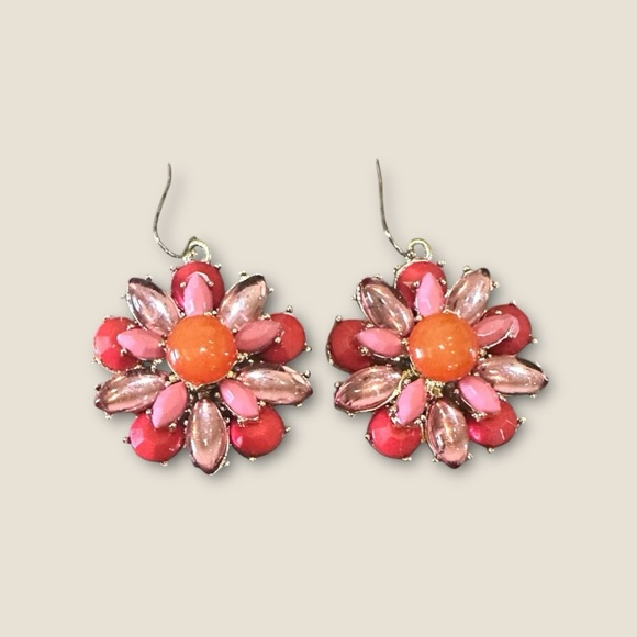 Floral Statement Drop Earrings – Pink, Red & Gold Tone – 1.5” - Picture 4 of 4